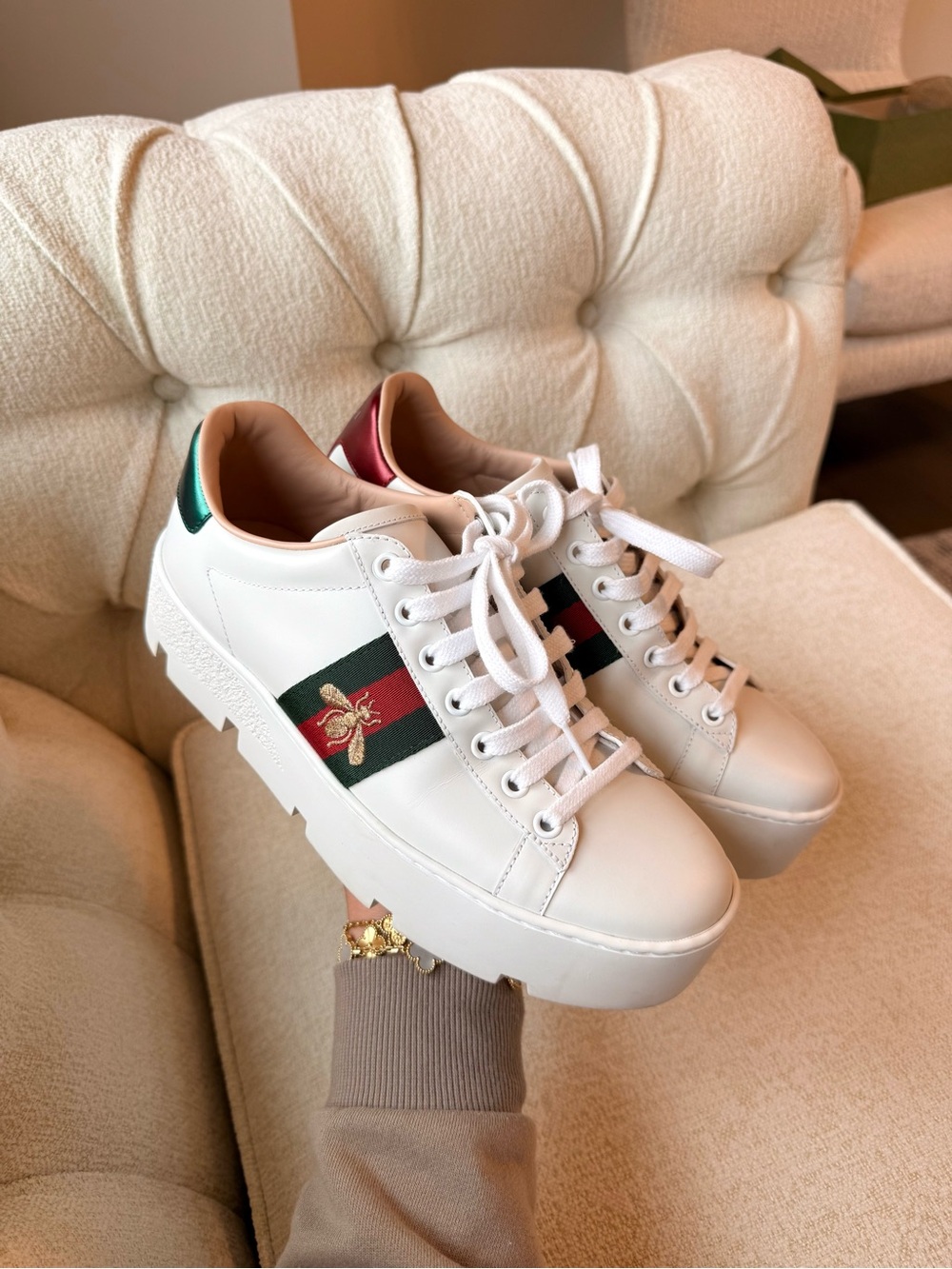 Gucci Ace White Leather Platform Sneakers with Red and Green Web Stripe and Bee - Picture 5 of 10